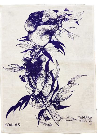 koala design screenprinted on linen with waterbased pigment on a linen tea towel